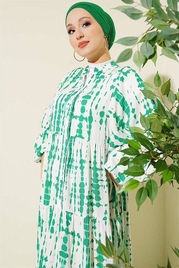 Batik Pattern Mandarin Collar Dress Green