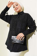Batik Pattern Sleeve Bow Shirt Black