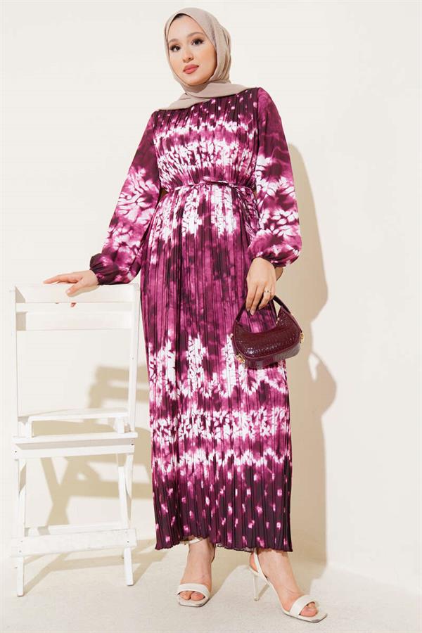 Batik Pattern Pleated Belted Dress Burgundy