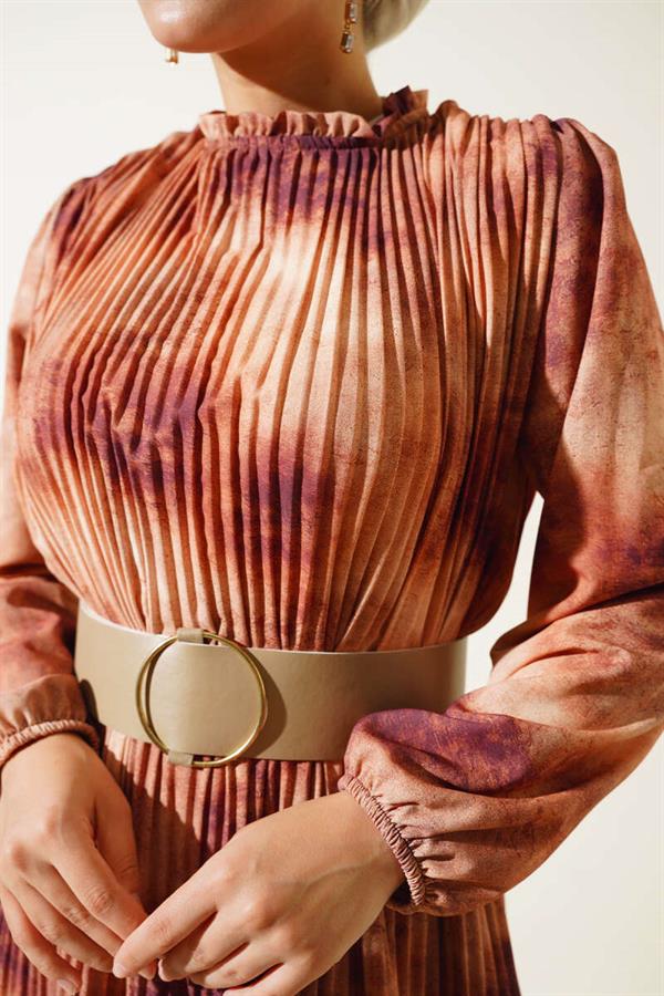 Batik Pattern Pleated Chiffon Dress Brown