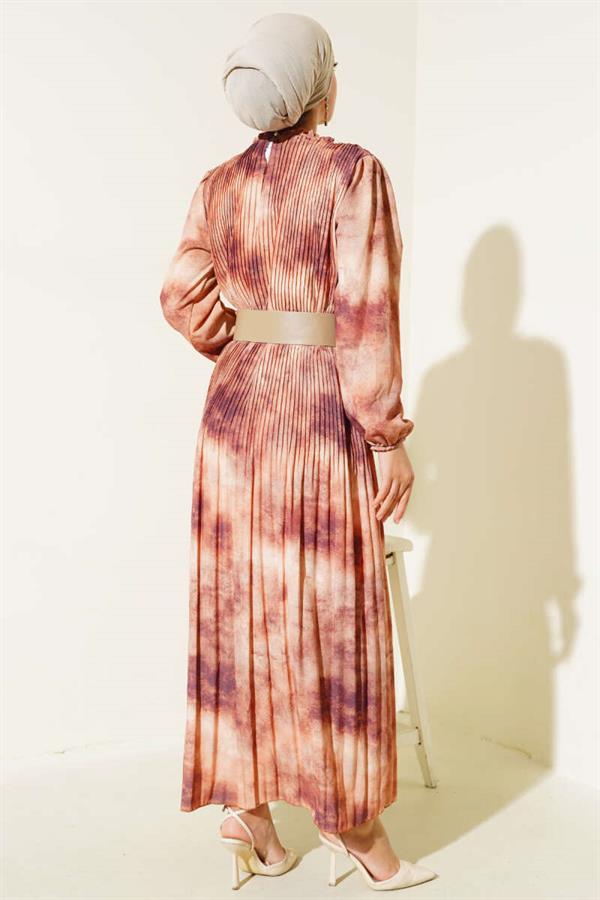 Batik Pattern Pleated Chiffon Dress Brown