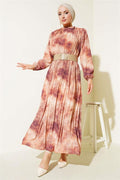 Batik Pattern Pleated Chiffon Dress Brown