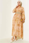 Batik Pattern Pleated Chiffon Dress Oil Green