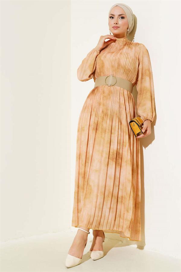 Batik Pattern Pleated Chiffon Dress Oil Green