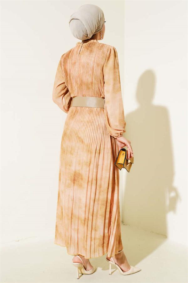 Batik Pattern Pleated Chiffon Dress Oil Green