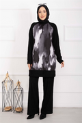 Batik Pattern Ribbed Hijab 2 Piece Set, Black