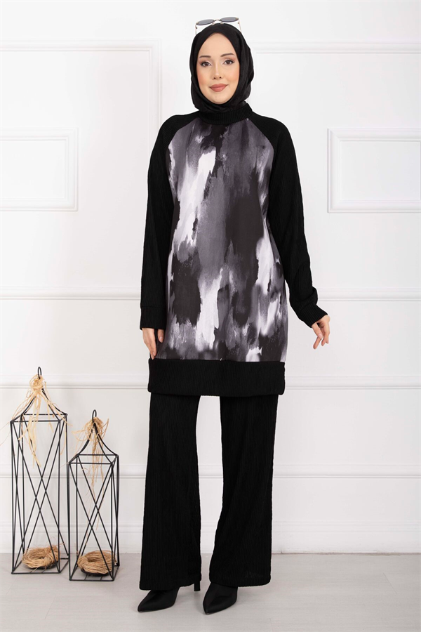 Batik Pattern Ribbed Hijab 2 Piece Set, Black