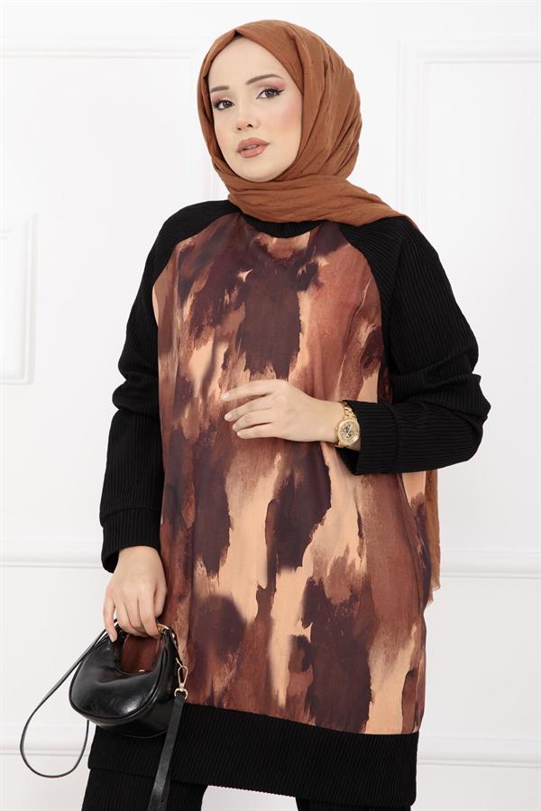 Batik Pattern Ribbed Hijab 2 Piece Set in Terracotta