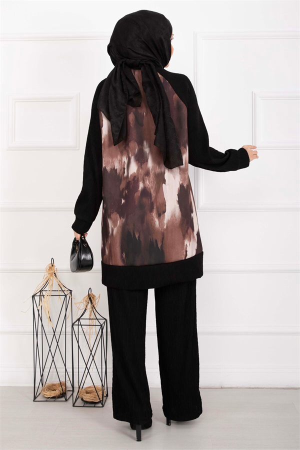 Batik Pattern Ribbed Hijab 2 Piece Set, Tan