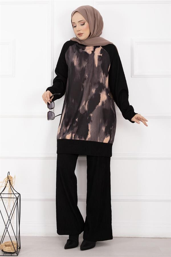 Batik Pattern Ribbed Hijab 2 Piece Set, Salmon