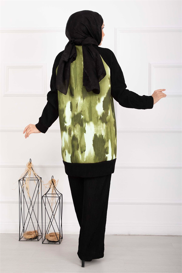 Batik Pattern Ribbed Hijab 2 Piece Set in Olive Green