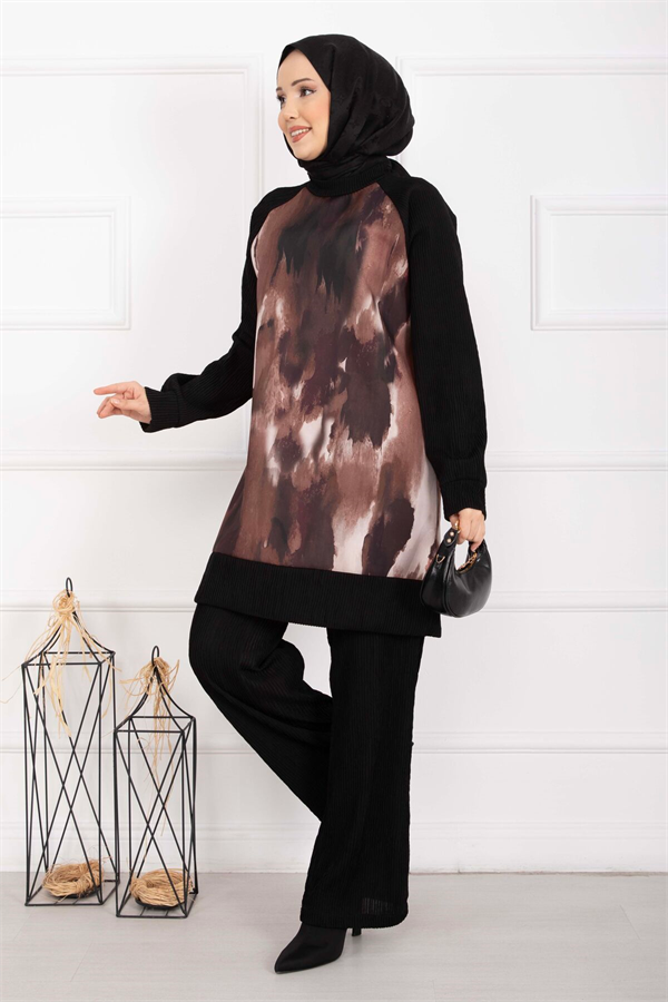 Batik Pattern Ribbed Hijab 2 Piece Set, Tan