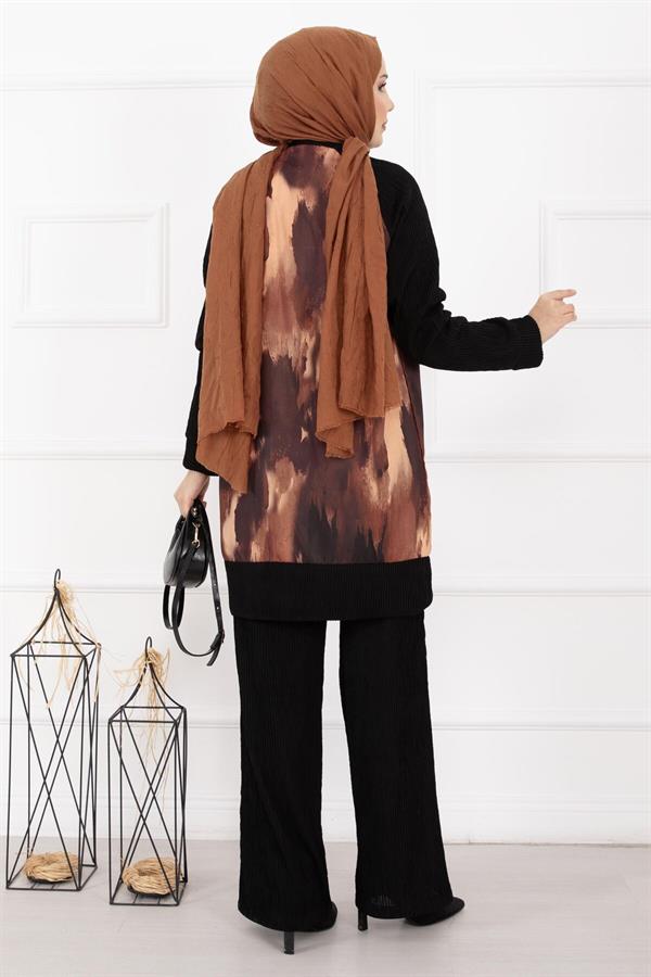 Batik Pattern Ribbed Hijab 2 Piece Set in Terracotta