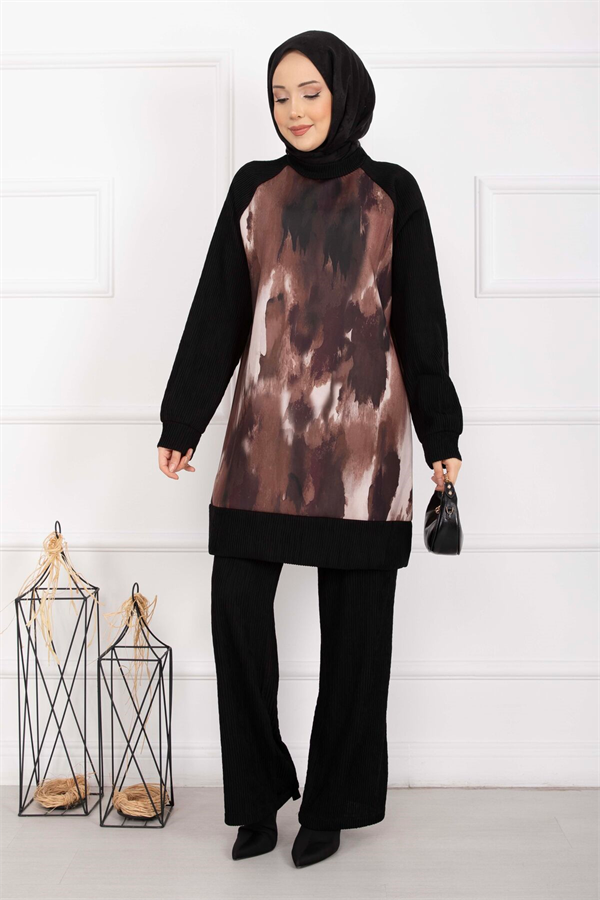 Batik Pattern Ribbed Hijab 2 Piece Set, Tan
