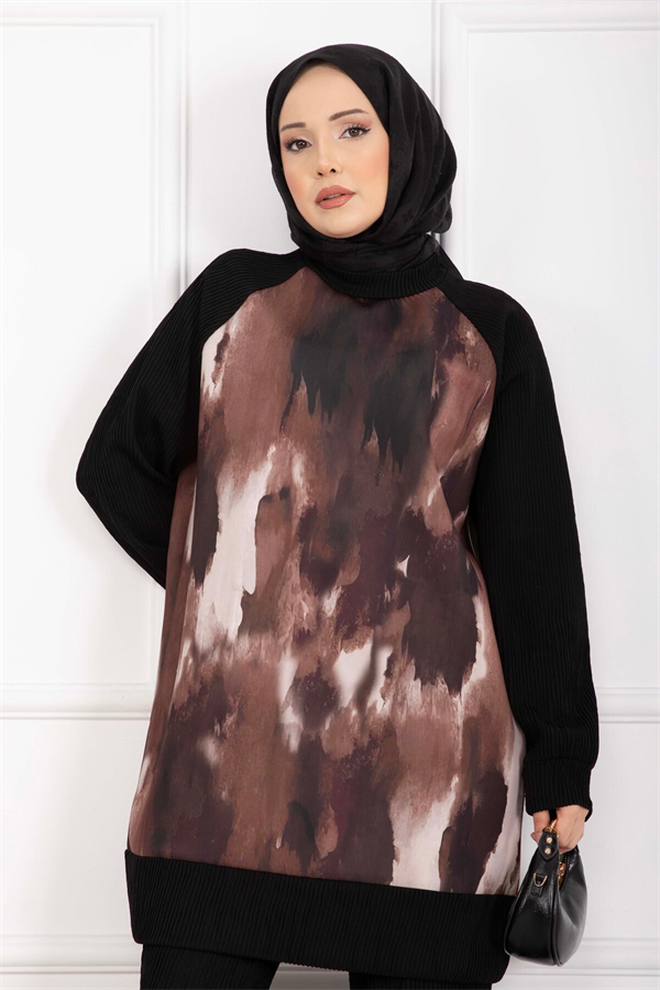 Batik Pattern Ribbed Hijab 2 Piece Set, Tan