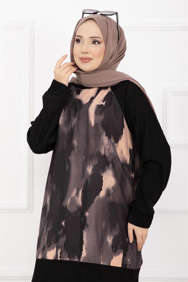 Batik Pattern Ribbed Hijab 2 Piece Set, Salmon