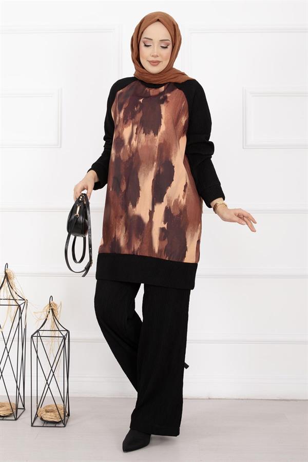Batik Pattern Ribbed Hijab 2 Piece Set in Terracotta