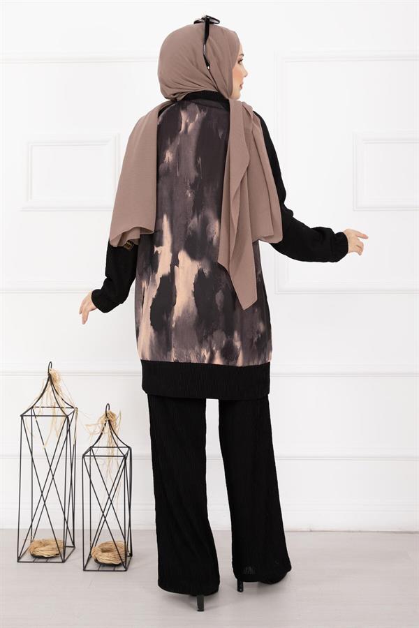 Batik Pattern Ribbed Hijab 2 Piece Set, Salmon