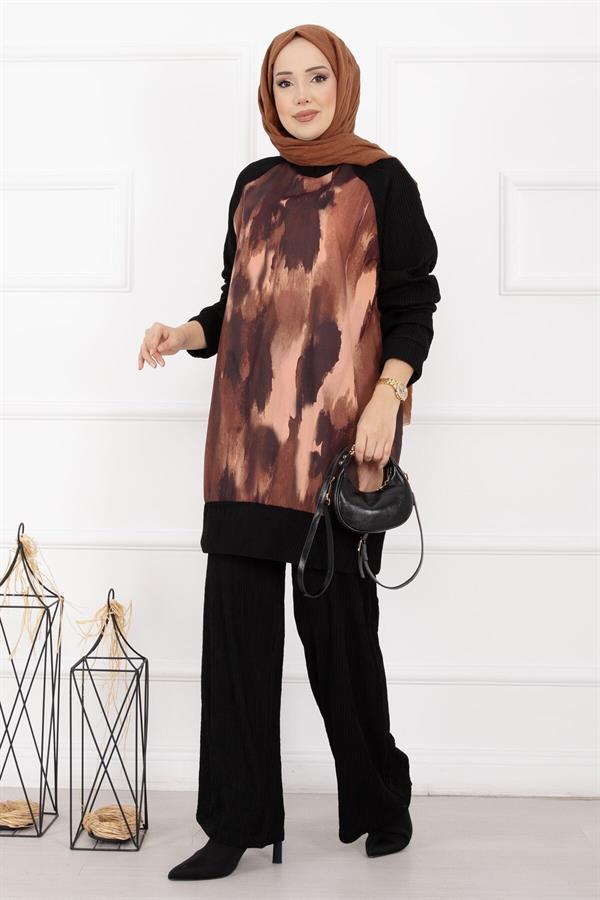 Batik Pattern Ribbed Hijab 2 Piece Set in Terracotta