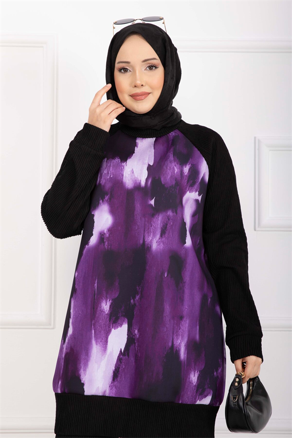 Batik Pattern Ribbed Hijab 2 Piece Set, Plum
