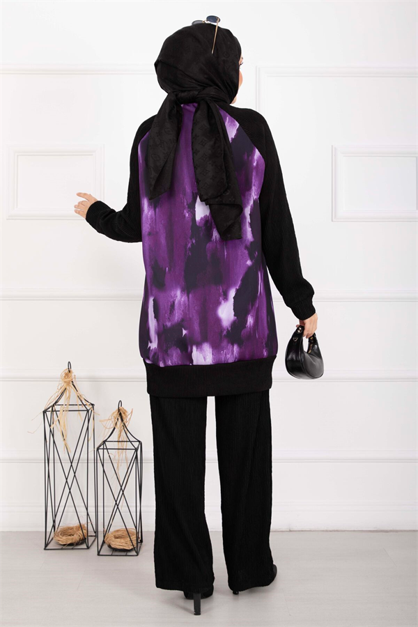 Batik Pattern Ribbed Hijab 2 Piece Set, Plum