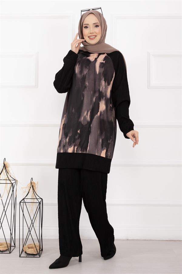 Batik Pattern Ribbed Hijab 2 Piece Set, Salmon