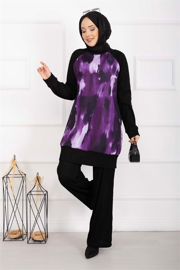 Batik Pattern Ribbed Hijab 2 Piece Set, Plum