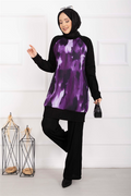 Batik Pattern Ribbed Hijab 2 Piece Set, Plum