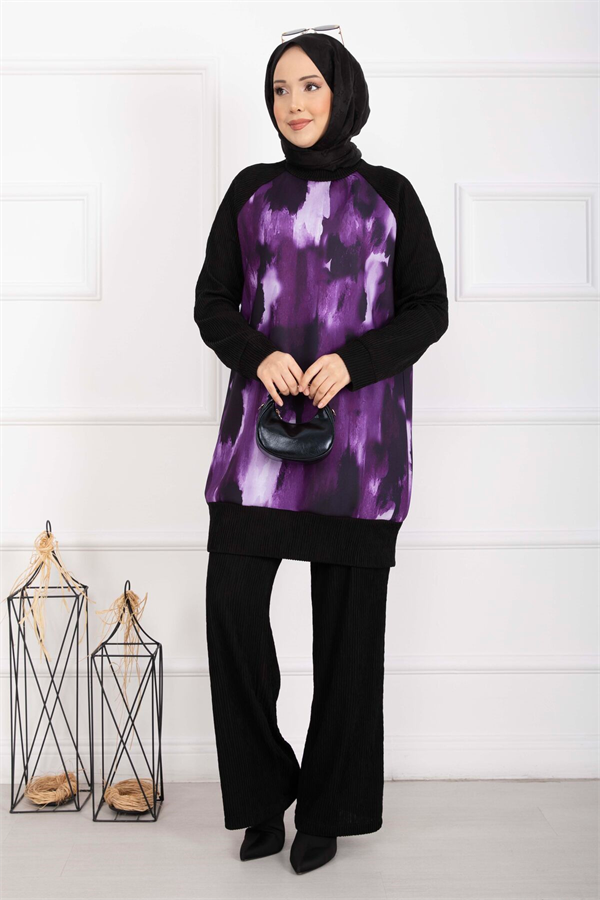 Batik Pattern Ribbed Hijab 2 Piece Set, Plum