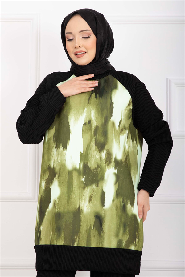 Batik Pattern Ribbed Hijab 2 Piece Set in Olive Green