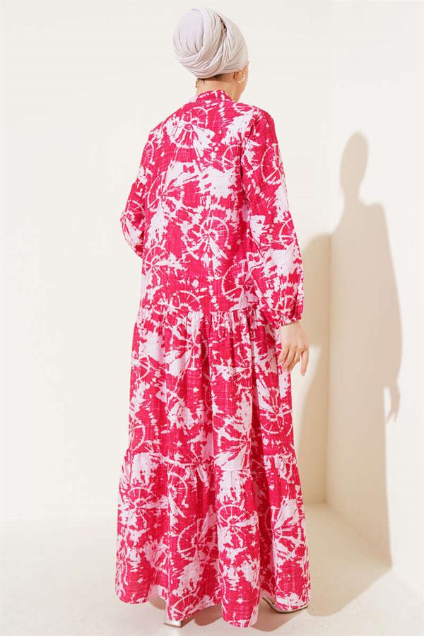 Batik Pattern Half Button Dress Alizarin