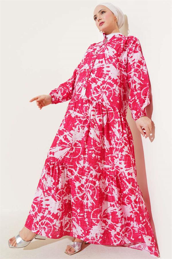 Batik Pattern Half Button Dress Alizarin