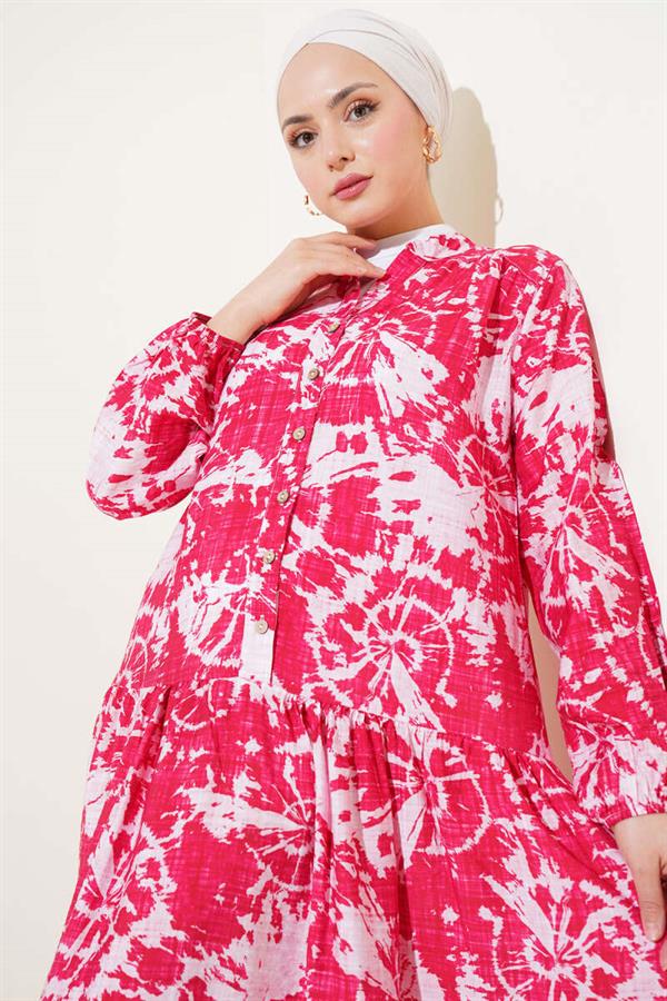 Batik Pattern Half Button Dress Alizarin
