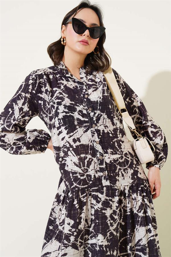 Batik Pattern Half Button Dress Plum