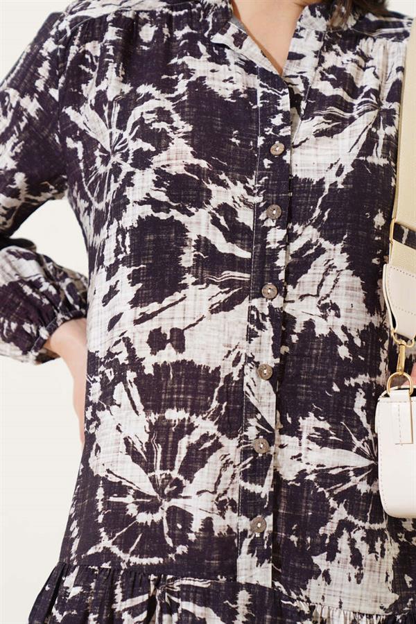 Batik Pattern Half Button Dress Plum
