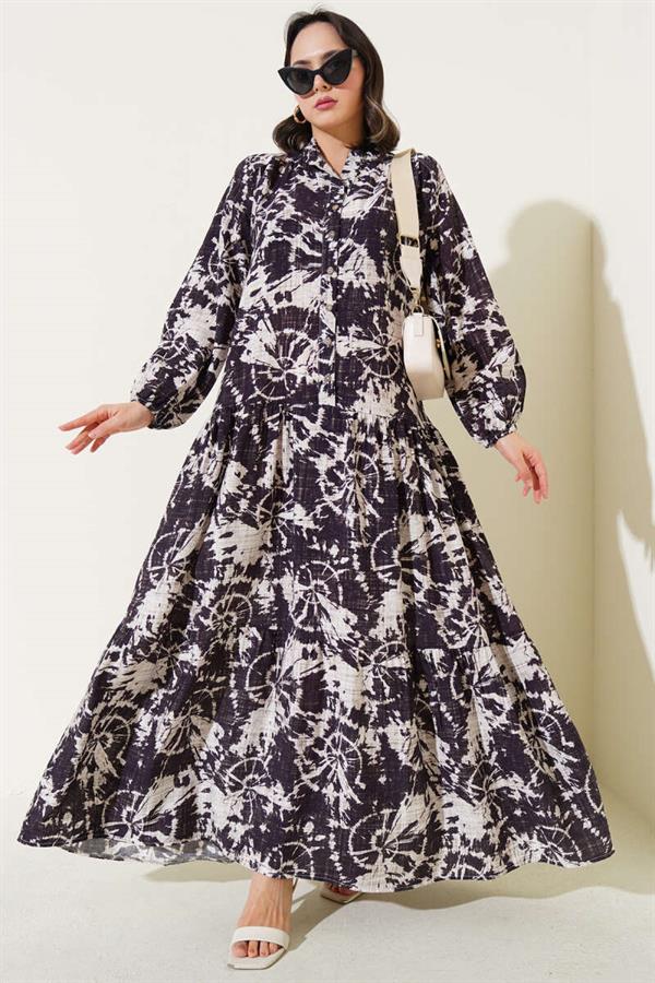 Batik Pattern Half Button Dress Plum