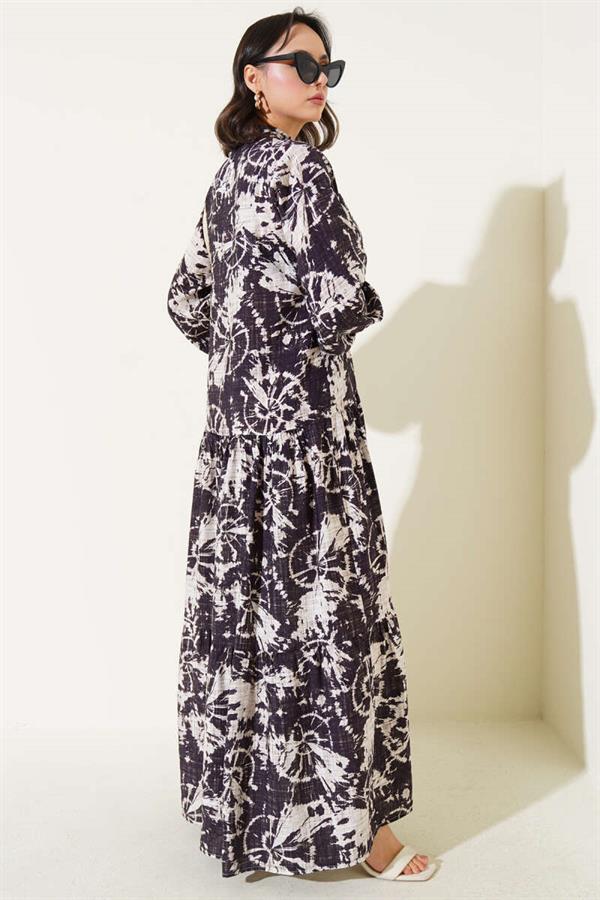 Batik Pattern Half Button Dress Plum
