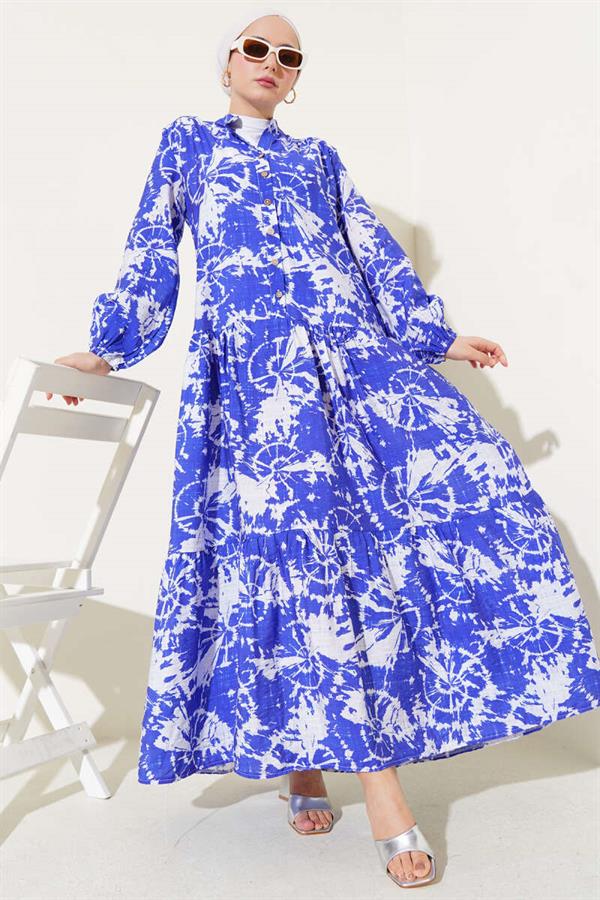 Batik Pattern Half Button Dress Saxe
