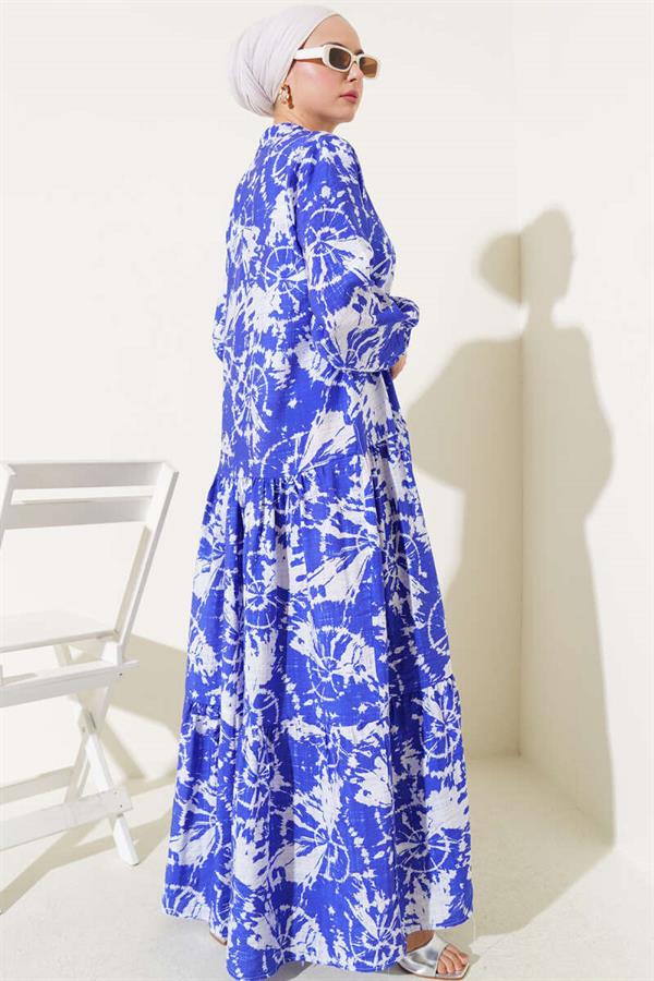 Batik Pattern Half Button Dress Saxe