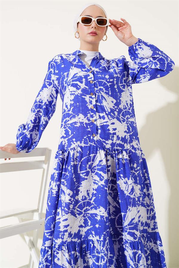 Batik Pattern Half Button Dress Saxe