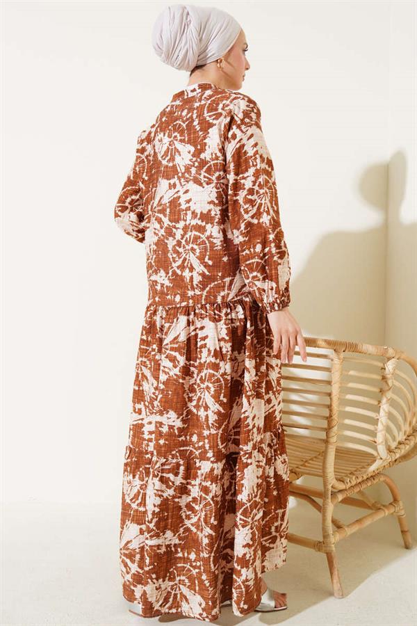 Batik Pattern Half Button Dress Tan