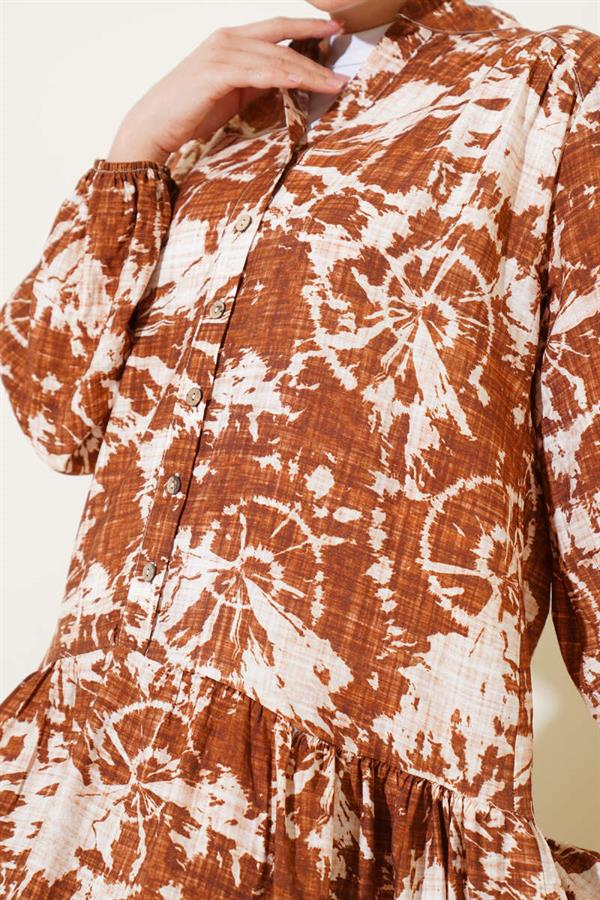 Batik Pattern Half Button Dress Tan