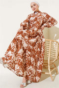 Batik Pattern Half Button Dress Tan
