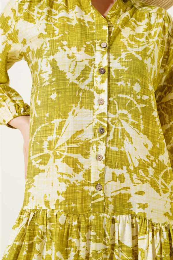 Batik Pattern Half Button Dress Oil Green
