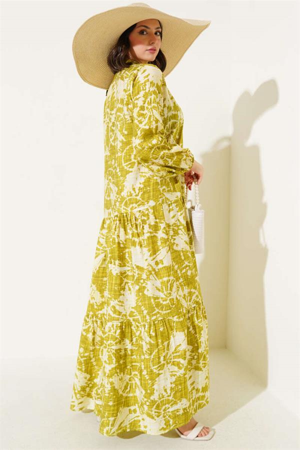 Batik Pattern Half Button Dress Oil Green