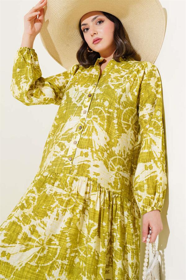 Batik Pattern Half Button Dress Oil Green
