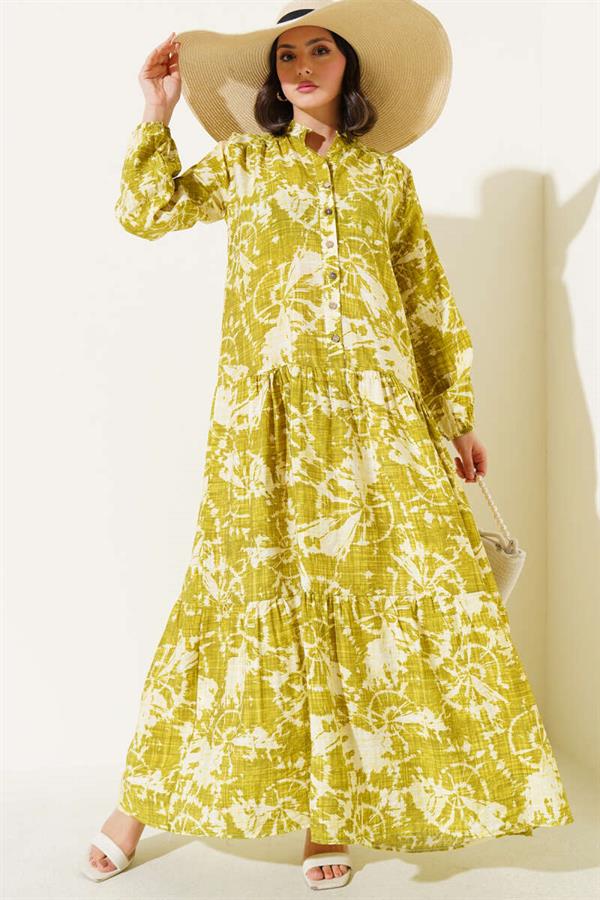 Batik Pattern Half Button Dress Oil Green