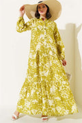 Batik Pattern Half Button Dress Oil Green