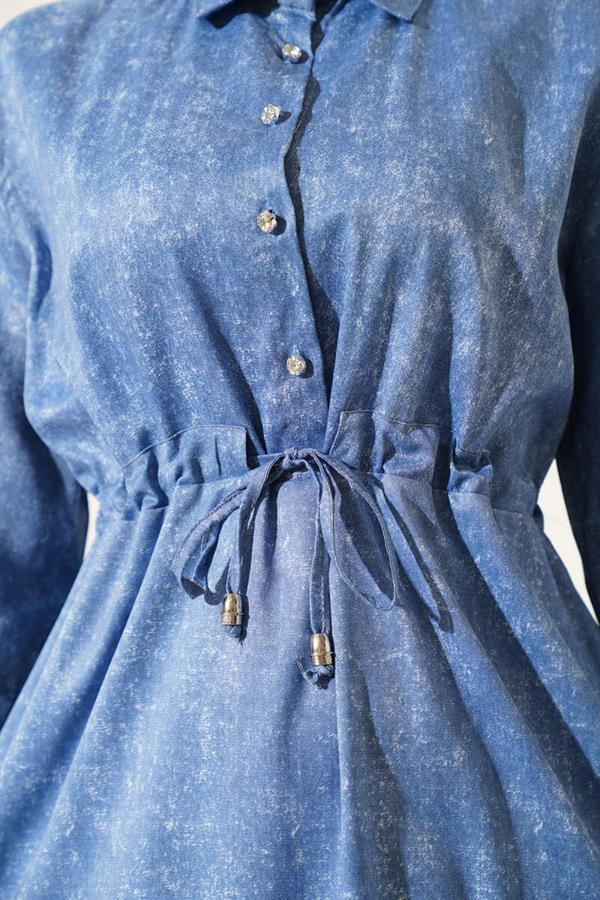 Batik Pattern Half Stone Buttoned Dress Blue