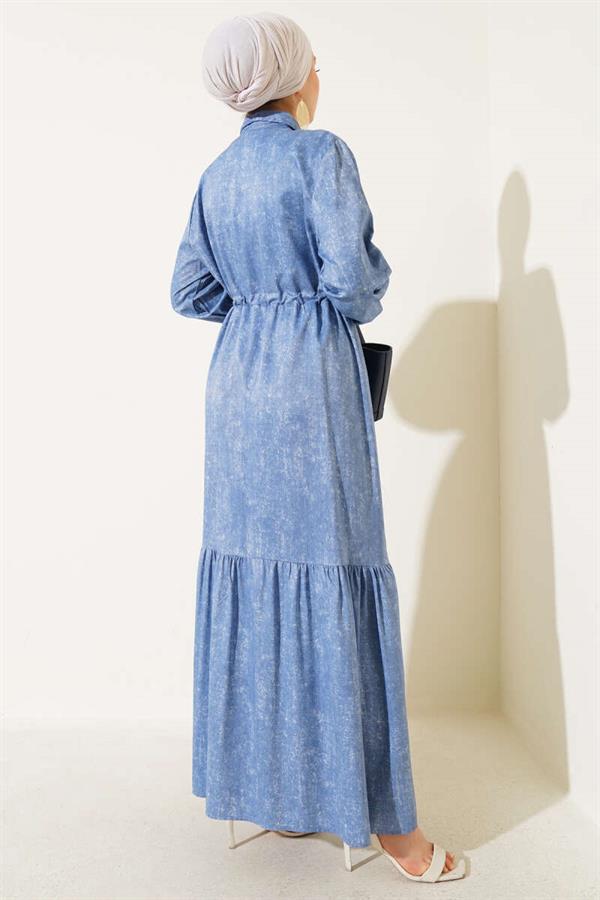 Batik Pattern Half Stone Buttoned Dress Blue